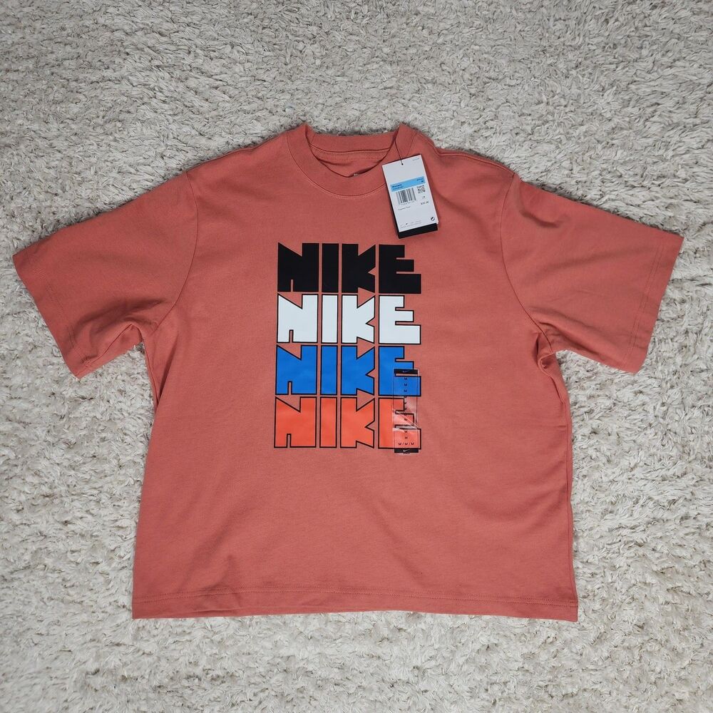 Nike Shirt Womens Medium Orange Loose Fit Nike Block Logo Graphic Tee Streetwear - Picture 2 of 10